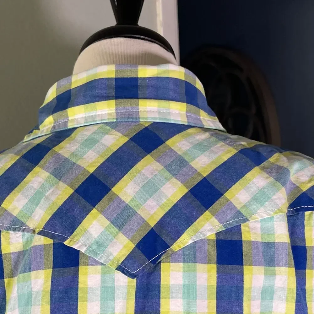 Hollister Blue and Green Plaid western Style Casual Button Down Shirt